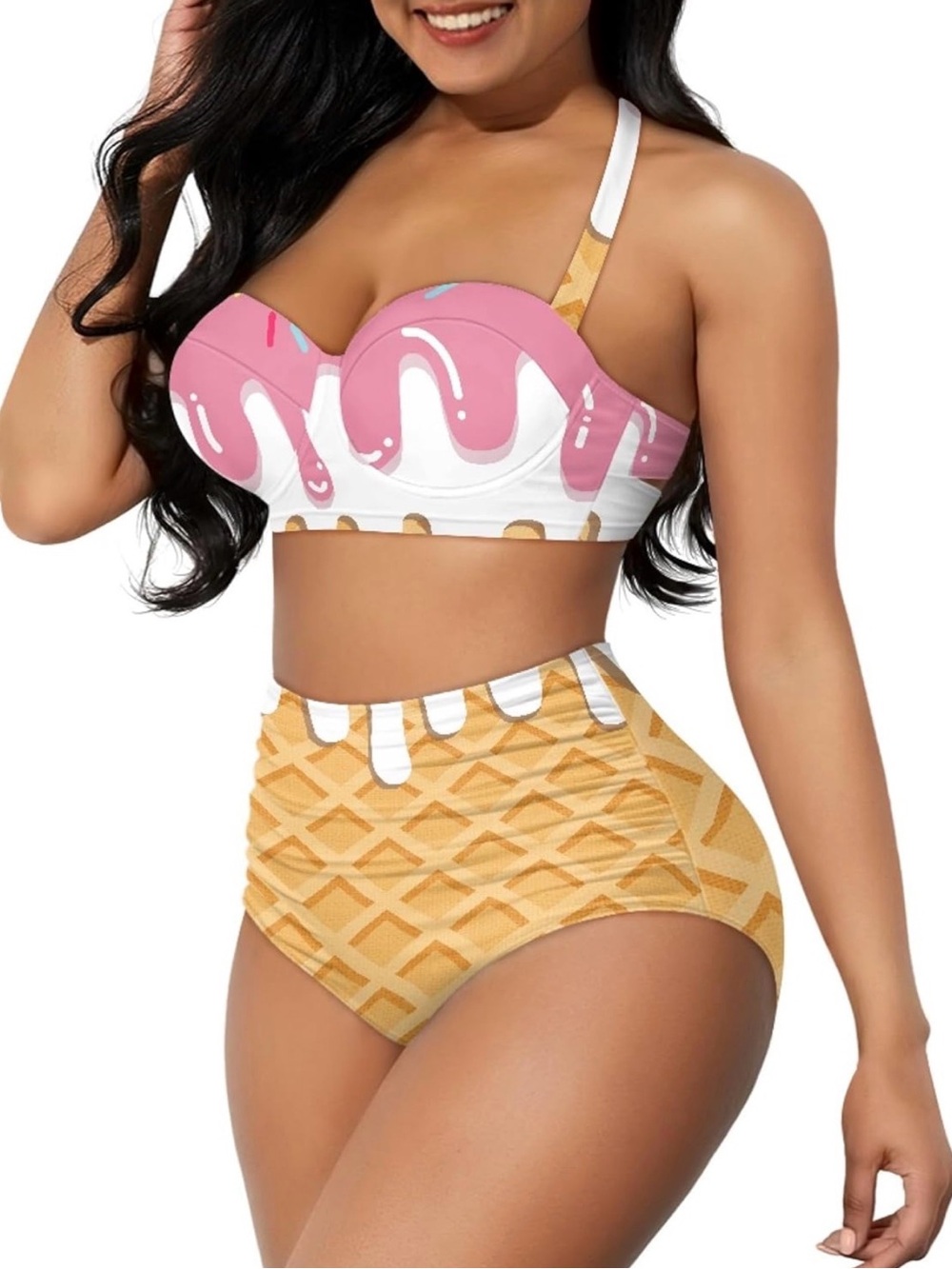 Women's Retro Ruched Ruffle Ice Cream Print High-Waist Bikini Set - Picture 4 of 7